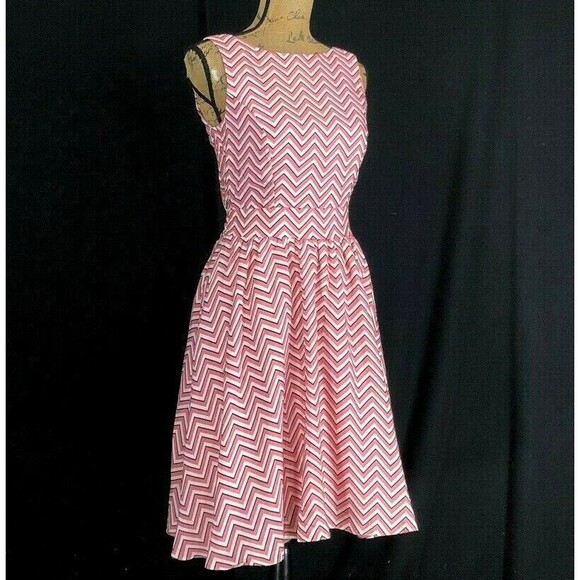 NWT Lady Vintage London Tea Dress M Cerise Chevron Stripe 50s Style Retro - Picture 3 of 8